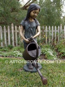 Nurturing Heart bronze sculpture of standing girl with watering pot