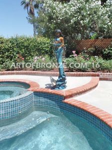 Bronze mermaid sculpture holding oyster shell for pond, pool or aquatic display