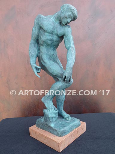 Adam Auguste Roding bronze statue of standing male nude pointing finger down