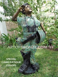 Home of the Brave bronze sculpture of saluting boy dressed up playing soldier
