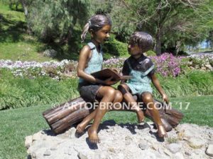 Favorite Teacher bronze sculpture of older girl reading book to younger boy
