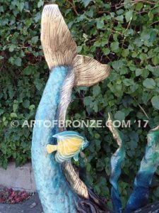 Bronze mermaid sculpture holding oyster shell for pond, pool or aquatic display