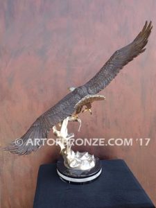 Bronze sculpture of flying bald eagle for indoor or outdoor display