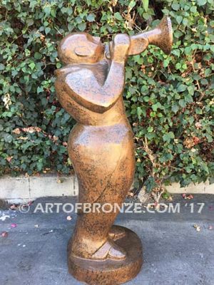 Stylized trumpet player outdoor modern bronze statue
