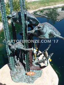 Turtle Sanctuary bronze seaweed, coral reef and sea turtle sculpture for home, pool or fountain