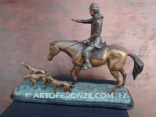 Hunting Day sculpture of hunting rider and scent hounds gift award attached to marble base