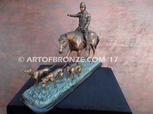 Hunting Day sculpture of hunting rider and scent hounds gift award attached to marble base