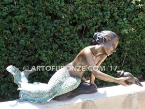 Bronze mermaid sculpture holding oyster shell for pond, pool or aquatic display