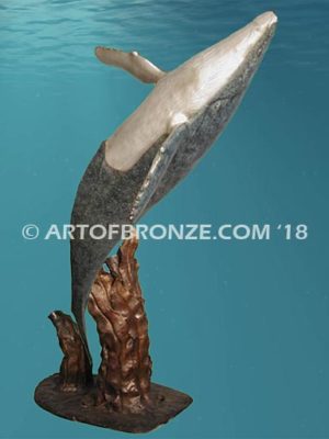 Breaching marine art bronze sculpture humpback whale for pool ocean decor