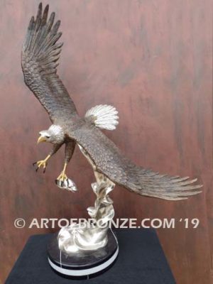 Bronze sculpture of flying bald eagle for indoor or outdoor display