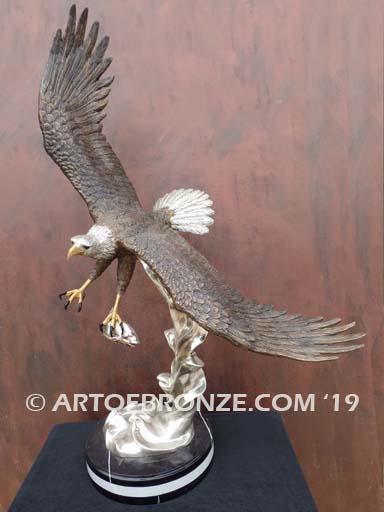 Bronze sculpture of flying bald eagle for indoor or outdoor display