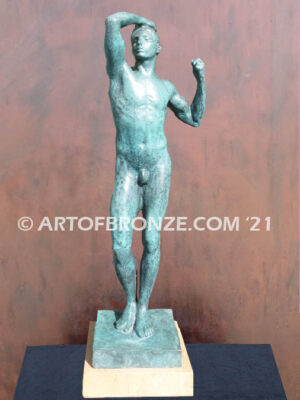 Age of Bronze figurative bronze statue of nude male with tightened musculature and twisting body