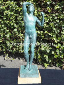 Age of Bronze figurative bronze statue of nude male with tightened musculature and twisting body