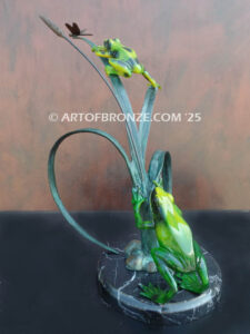 Ambush two whimsical frogs trying to catch a dragonfly bronze statue