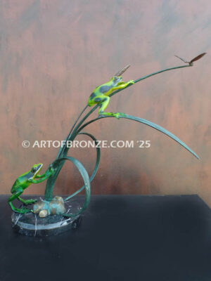 Ambush two whimsical frogs trying to catch a dragonfly bronze statue