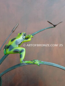 Ambush two whimsical frogs trying to catch a dragonfly bronze statue