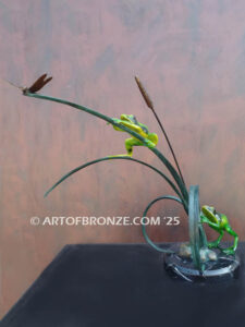 Ambush two whimsical frogs trying to catch a dragonfly bronze statue