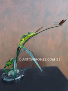 Ambush two whimsical frogs trying to catch a dragonfly bronze statue