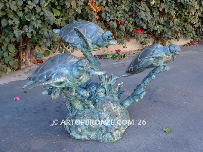 Ancient Mariner bronze coral reef and sea turtle sculpture for home, pool or fountain