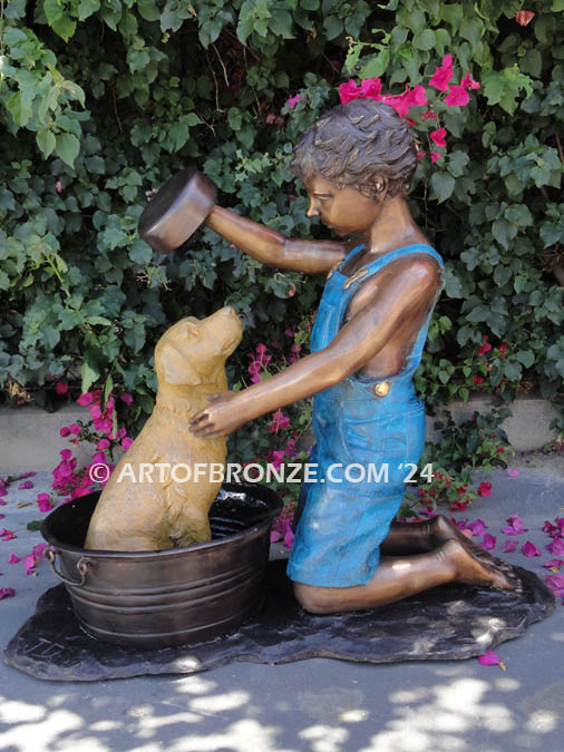 Bath time bronze sculpture fountain of boy washing his dog
