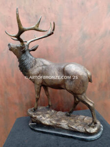 Battle Cry North American elk letting out bellow bronze sculpture