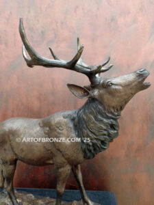 Battle Cry North American elk letting out bellow bronze sculpture