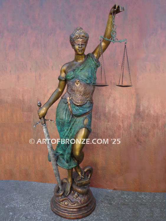 Blind Justice monumental bronze sculpture of Lady Justice holding scales for law firm or lawyers office