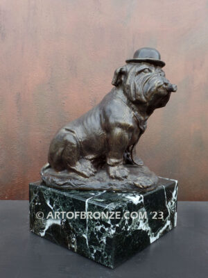 The Boss sitting bulldog smoking cigar wearing hat and tie whimsical bronze sculpture