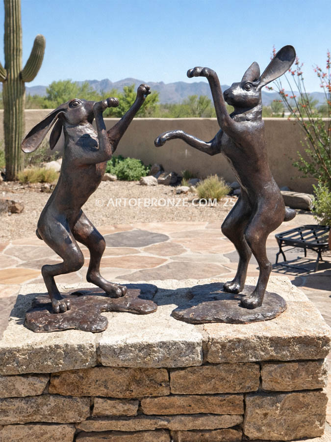 Boxing Hares high quality cast bronze rabbit and hare sculptures boxing each other