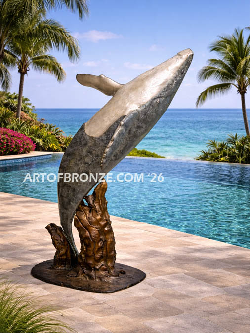 Breaching marine art bronze sculpture humpback whale for pool ocean decor