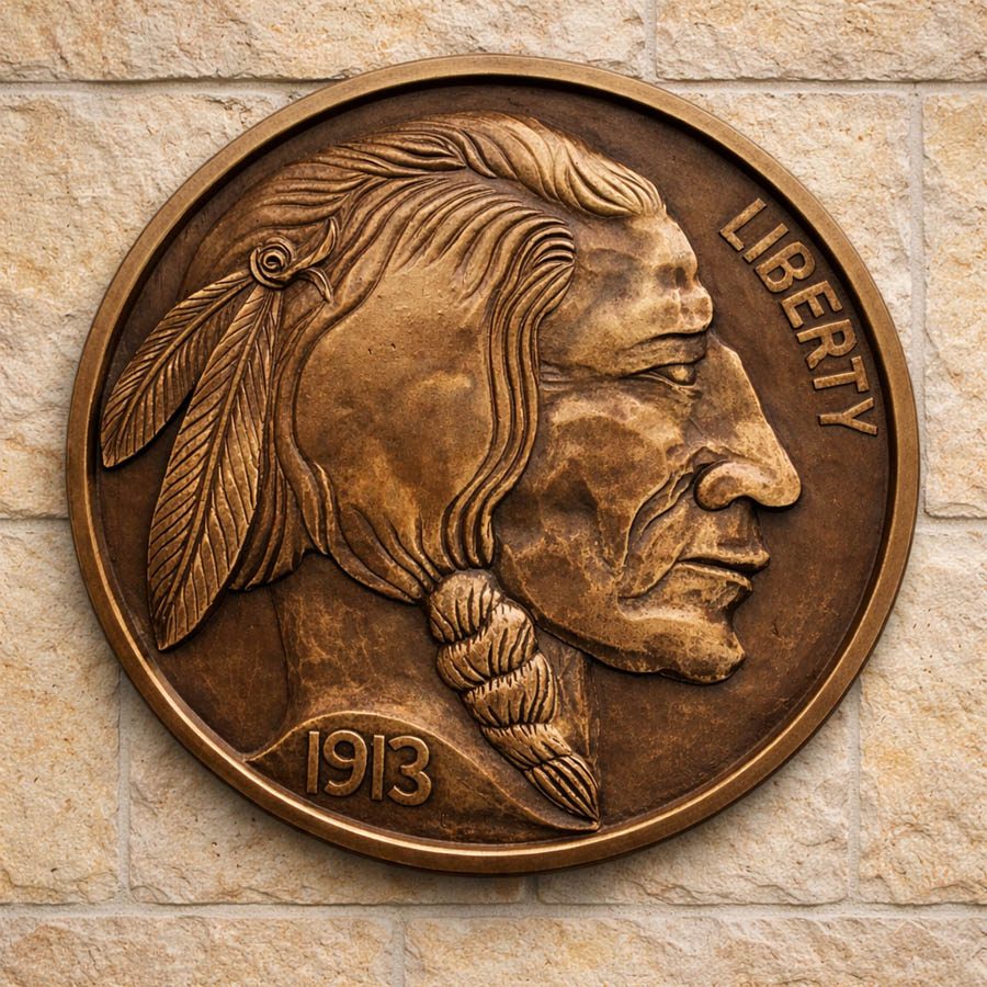 Buffalo Head Nickel Medallion bronze coin celebrating history of the American West