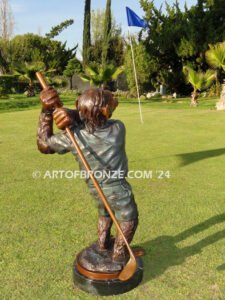 Chimp Golfer gallery quality chimpanzee dressed up like golfer hitting golf ball bronze statue