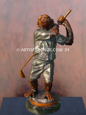 Chimp Golfer gallery quality chimpanzee dressed up like golfer hitting golf ball bronze statue