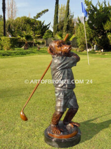 Chimp Golfer gallery quality chimpanzee dressed up like golfer hitting golf ball bronze statue