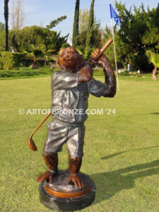 Chimp Golfer gallery quality chimpanzee dressed up like golfer hitting golf ball bronze statue