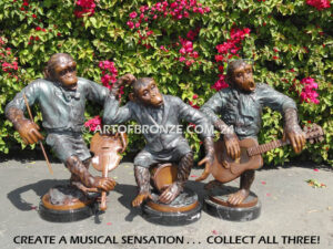 Chimp Maestro of Music gallery quality chimpanzee sitting on musical drum bronze statue