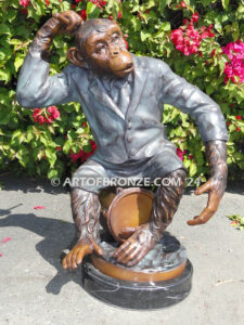 Chimp Maestro of Music gallery quality chimpanzee sitting on musical drum bronze statue