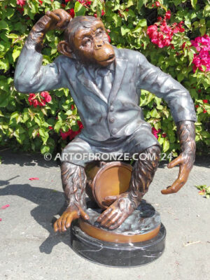 Chimp Maestro of Music gallery quality chimpanzee sitting on musical drum bronze statue