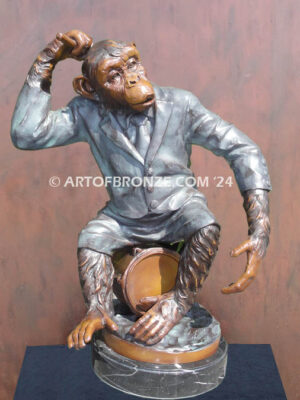 Chimp Maestro of Music gallery quality chimpanzee sitting on musical drum bronze statue