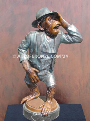 Chimp Musical Crooner gallery quality chimpanzee holding hat and singing violin bronze statue