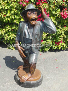 Chimp Musical Crooner gallery quality chimpanzee holding hat and singing violin bronze statue