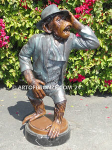 Chimp Musical Crooner gallery quality chimpanzee holding hat and singing violin bronze statue