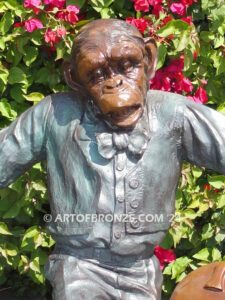 Chimp Musical Violin gallery quality chimpanzee standing on foot holding violin bronze statue
