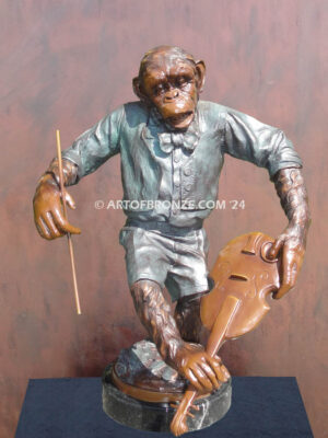 Chimp Musical Violin gallery quality chimpanzee standing on foot holding violin bronze statue
