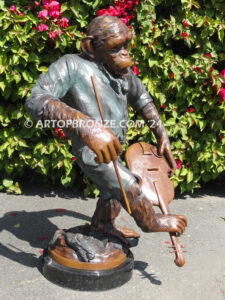 Chimp Musical Violin gallery quality chimpanzee standing on foot holding violin bronze statue