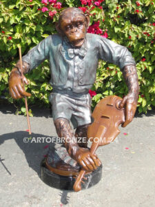 Chimp Musical Violin gallery quality chimpanzee standing on foot holding violin bronze statue