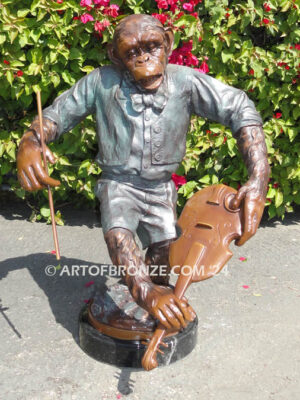 Chimp Musical Violin gallery quality chimpanzee standing on foot holding violin bronze statue