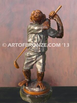 Chimp Golfer special edition, gallery quality chimpanzee dressed up like golfer hitting golf ball