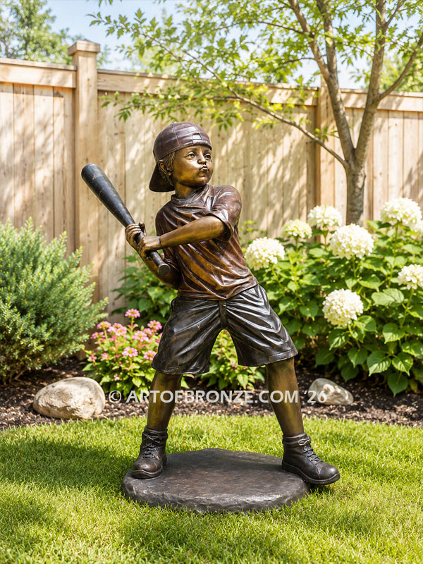 Cleanup Hitter outdoor bronze baseball statue of young batter ready to hit ball