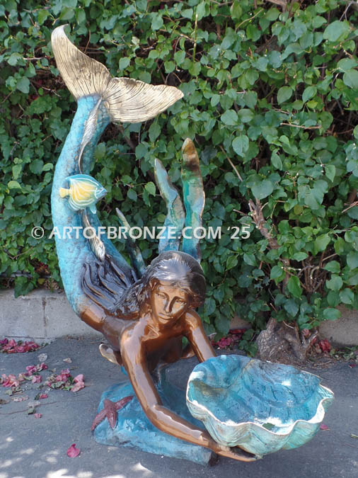Bronze mermaid statue holding oyster shell for pond, pool or aquatic display